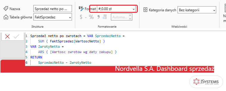 Miara Sprzedaż netto po zwrotach w pasku formuły po dopasowaniu: ABS z miarą Wartosc zwrotow wg daty zakupu, format #,0.00 zł