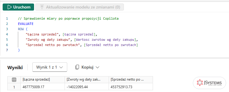 Widok zapytania DAX w Power BI Desktop: zapytanie ROW z trzema miarami i wynik 467775009.17, -14022095.44 i 453752913.73