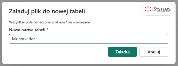 Okno Załaduj plik do nowej tabeli z nazwą tabeli faktsprzedaz i przyciskiem Załaduj