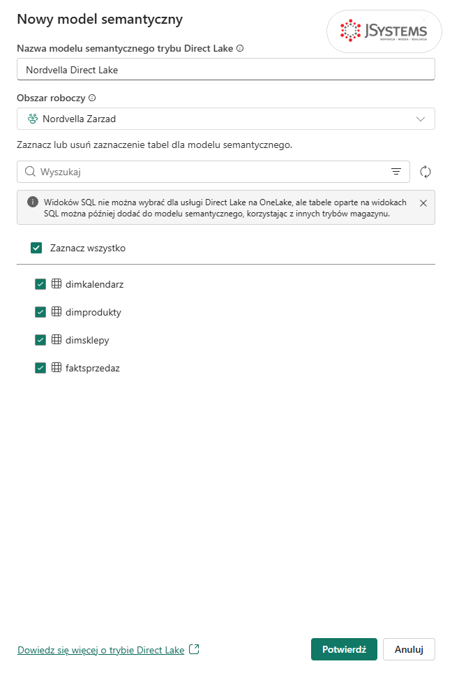 Okno Nowy model semantyczny w lakehouse: model Nordvella Direct Lake z czterema tabelami i uwagą o widokach SQL