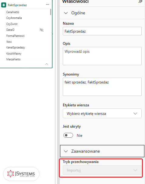 Właściwości tabeli FaktSprzedaz w widoku modelu Power BI Desktop: Zaawansowane, Tryb przechowywania Importuj, pole wyszarzone