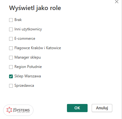 Okno Wyświetl jako role w Power BI Desktop z listą ról Nordvelli i zaznaczoną rolą Sklep Warszawa