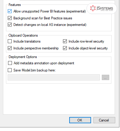 Okno Preferences w Tabular Editor z zaznaczoną opcją Allow unsupported Power BI features