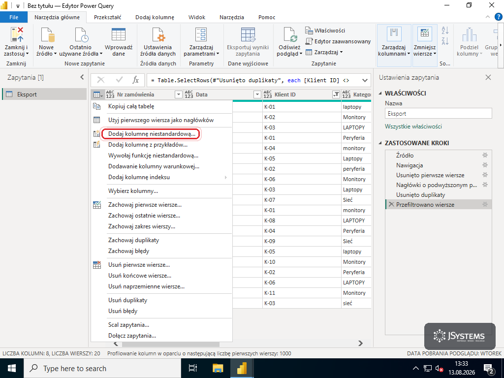 Menu ikony tabeli w Power Query z czerwoną ramką na pozycji Dodaj kolumnę niestandardową