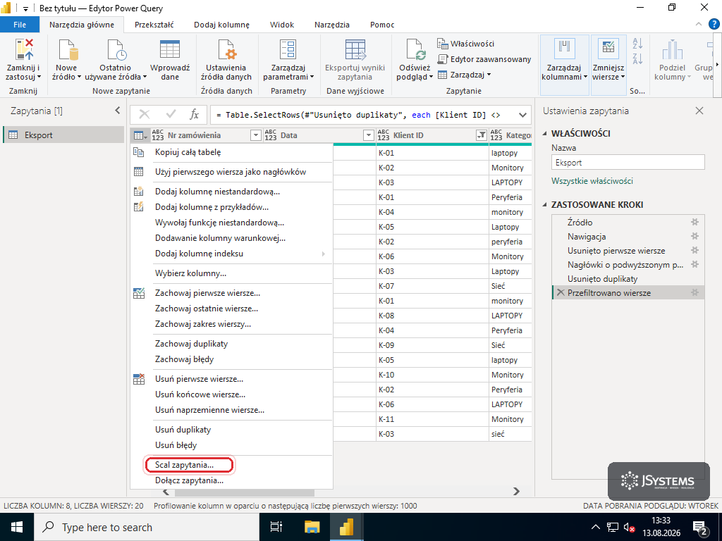 Menu ikony tabeli w Power Query z czerwoną ramką na pozycji Scal zapytania