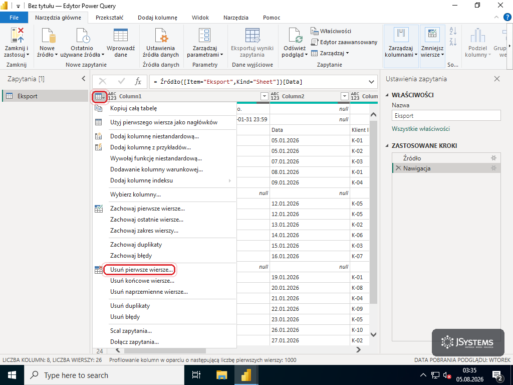 Menu ikony tabeli w edytorze Power Query z czerwoną ramką na ikonie tabeli i na pozycji Usuń pierwsze wiersze
