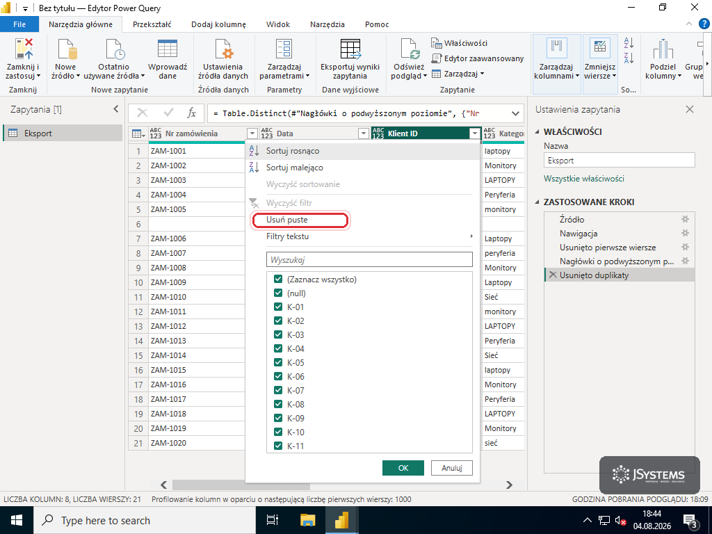 Rozwijane menu filtra kolumny Klient ID w Power Query z czerwoną ramką na opcji Usuń puste