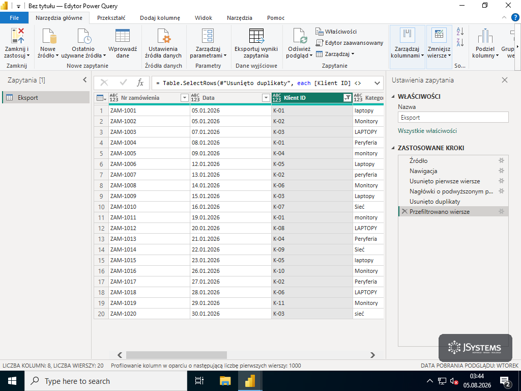 Tabela po odfiltrowaniu pustych wierszy. Zostaje 20 czystych rekordów ZAM-1001 do ZAM-1020, w Zastosowanych krokach jest krok Przefiltrowano wiersze