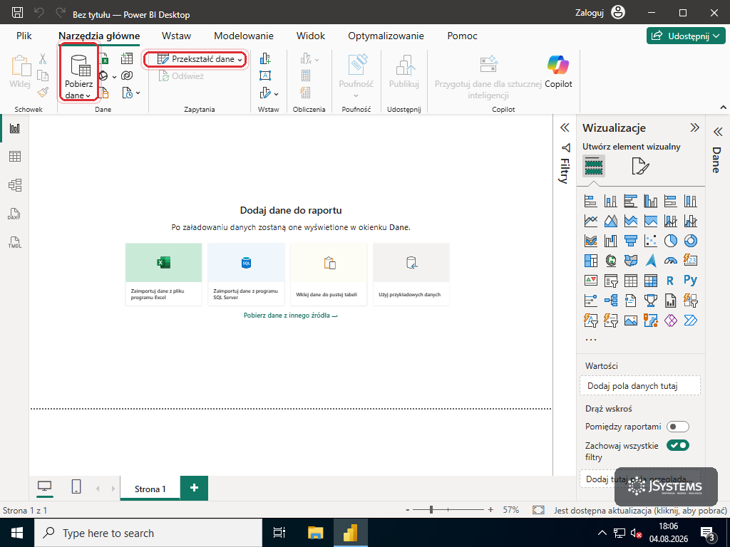 Ekran startowy Power BI Desktop z przyciskami Pobierz dane i Przekształć dane oraz kafelkiem importu z pliku Excel