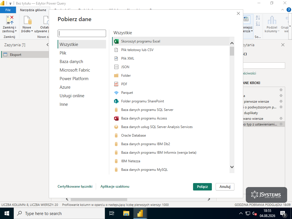 Okno Pobierz dane w Power BI z listą źródeł: Skoroszyt programu Excel, Plik tekstowy lub CSV, XML, JSON, Folder, SQL Server, Oracle, MySQL i wiele innych