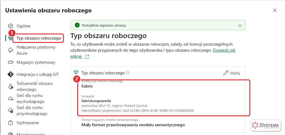 Ustawienia obszaru roboczego w Microsoft Fabric: typ obszaru Fabric z pojemnością fabrickurspowerbi F2 w regionie Poland Central, potrzebną do Copilota w Dataflow Gen2