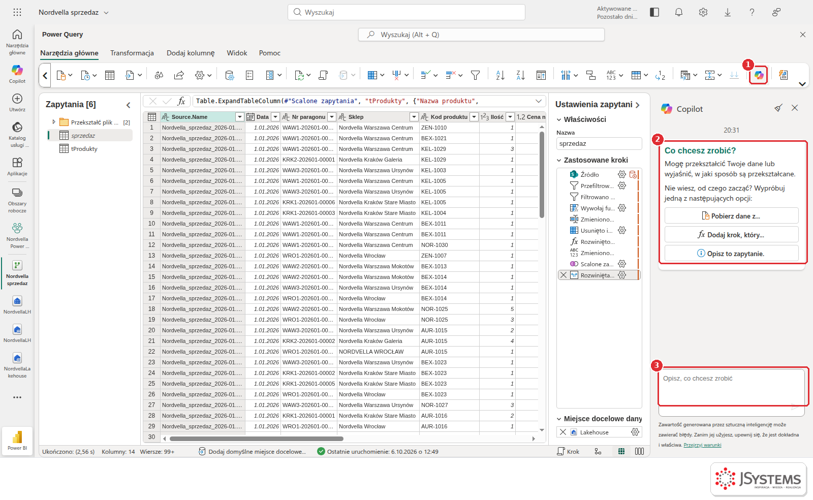 Edytor Power Query w Dataflow Gen2 z otwartym panelem Copilot: przycisk Copilot na wstążce, podpowiedzi Pobierz dane z, Dodaj krok, który i Opisz to zapytanie oraz pole polecenia