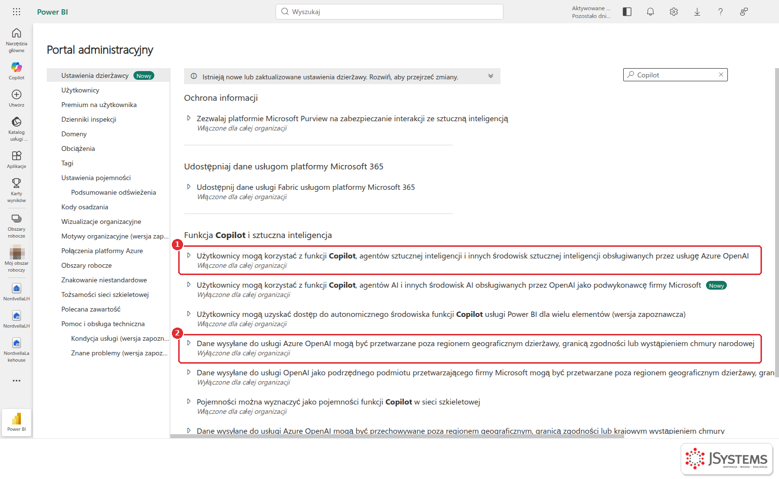Portal administracyjny Microsoft Fabric, ustawienia dzierżawcy przefiltrowane po słowie Copilot: korzystanie z funkcji Copilot obsługiwanych przez Azure OpenAI włączone dla całej organizacji