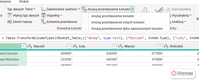 Menu Anuluj przestawienie kolumn w Power Query z opcjami: anuluj przestawienie kolumn, innych kolumn i tylko zaznaczonych kolumn