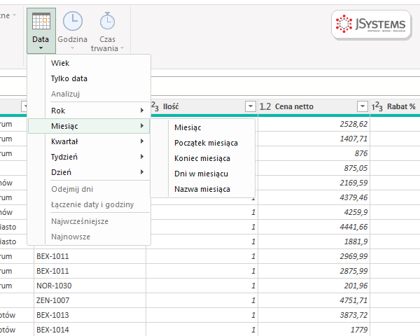 Menu Data w karcie Dodaj kolumnę Power Query z podmenu Miesiąc: miesiąc, początek miesiąca, koniec miesiąca, dni w miesiącu, nazwa miesiąca
