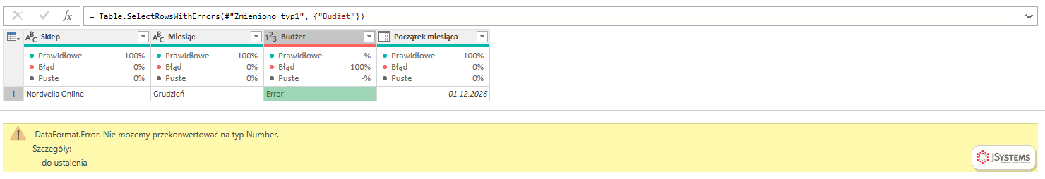 Wiersz z błędem Power Query w kolumnie Budżet i komunikat DataFormat.Error: Nie możemy przekonwertować na typ Number, szczegóły: do ustalenia