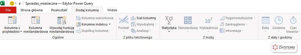 Karta Dodaj kolumnę w edytorze Power Query: kolumna z przykładów, kolumna niestandardowa, wywołaj funkcję niestandardową, kolumna warunkowa, kolumna indeksu