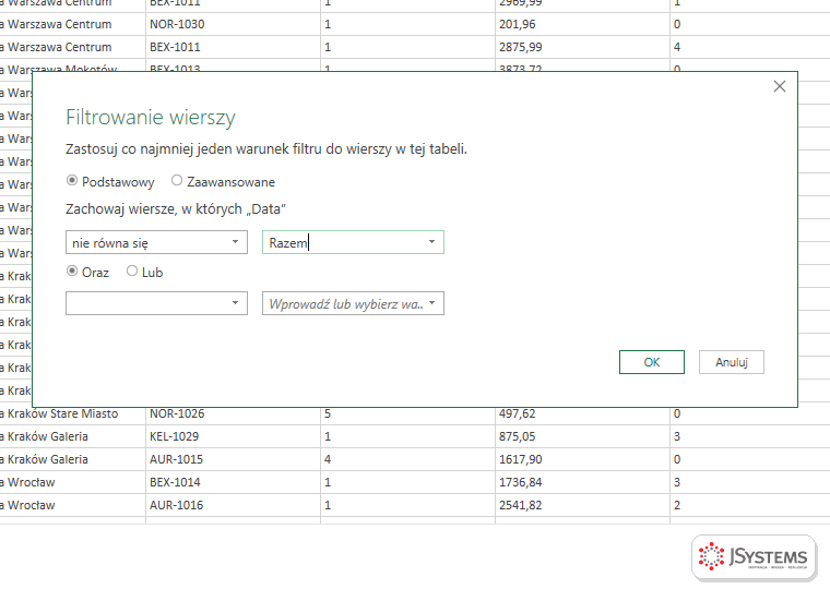 Okno Filtrowanie wierszy w Power Query: zachowaj wiersze, w których Data nie równa się Razem