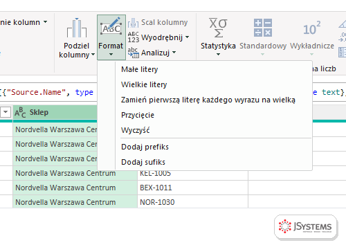 Menu Format w Power Query z opcjami małe litery, wielkie litery, zamień pierwszą literę każdego wyrazu na wielką, przycięcie, wyczyść, dodaj prefiks i sufiks
