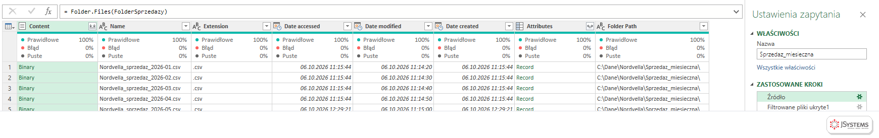 Pasek formuły Power Query z krokiem Folder.Files(FolderSprzedazy) i listą plików z folderu