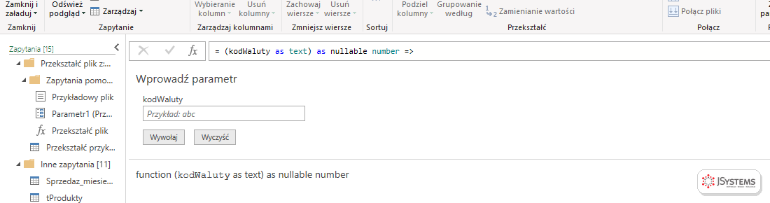 Widok funkcji niestandardowej w Power Query: pole Wprowadź parametr kodWaluty z przyciskami Wywołaj i Wyczyść