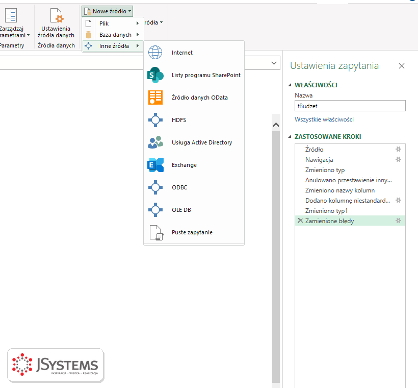 Menu Nowe źródło w Power Query z podmenu Inne źródła: Internet, listy SharePoint, OData, HDFS, Active Directory, Exchange, ODBC, OLE DB, puste zapytanie