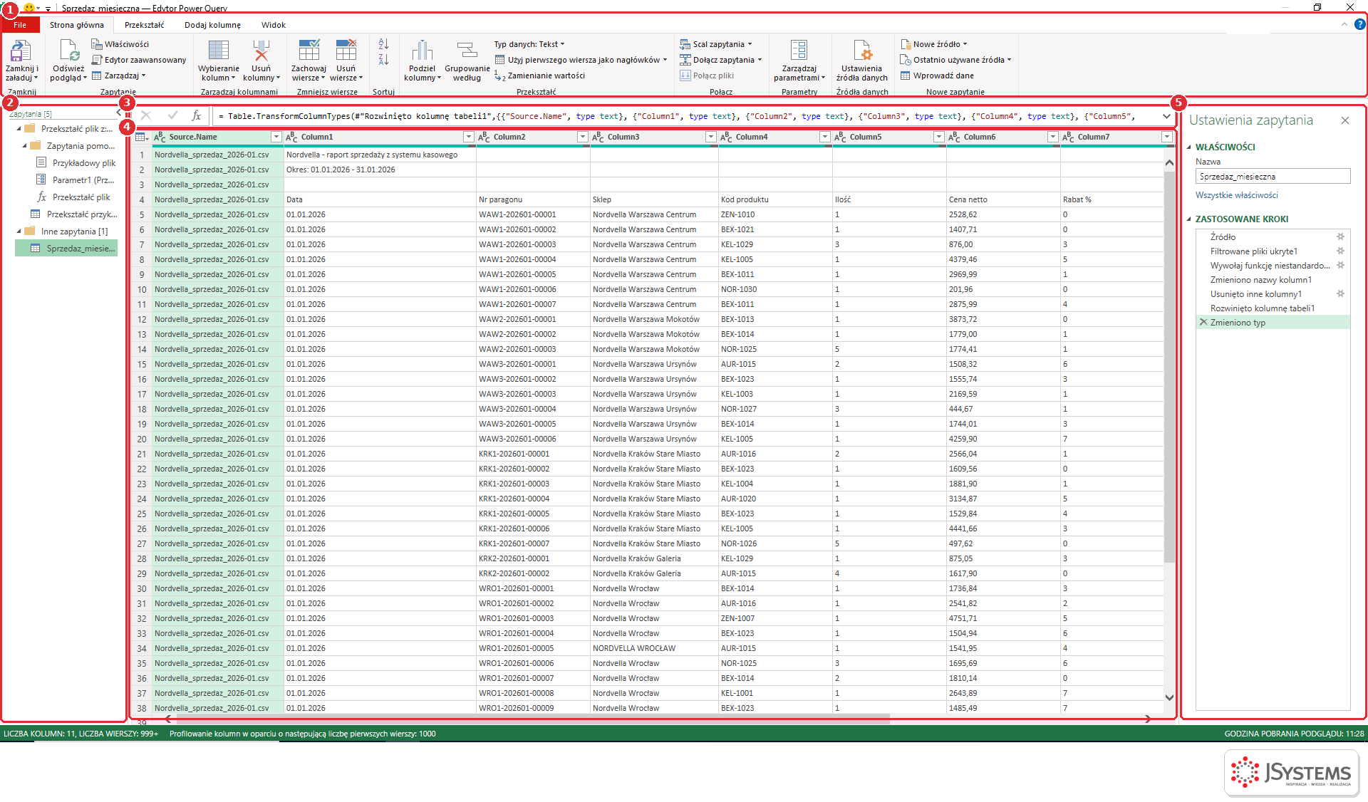 Edytor Power Query w Excelu z zaznaczonymi pięcioma obszarami: wstążką, panelem zapytań, paskiem formuły, podglądem danych i ustawieniami zapytania