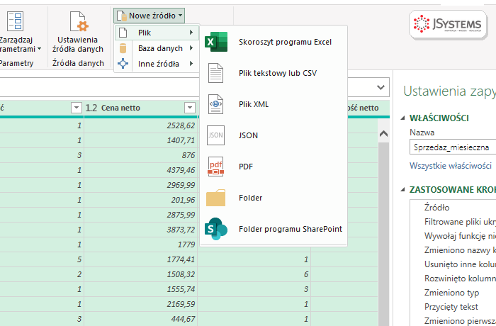 Menu Nowe źródło w edytorze Power Query z podmenu Plik: skoroszyt programu Excel, plik tekstowy lub CSV, XML, JSON, PDF, folder