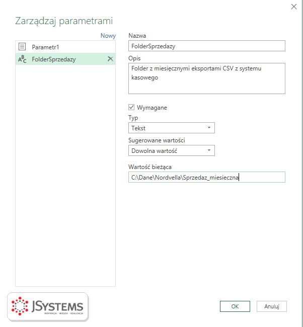 Okno Zarządzaj parametrami w Power Query: nowy parametr FolderSprzedazy typu Tekst ze ścieżką folderu jako wartością bieżącą