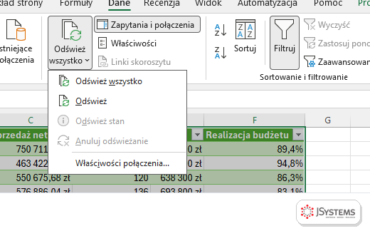 Menu Odśwież wszystko w Excelu z opcjami Odśwież wszystko, Odśwież, Odśwież stan, Anuluj odświeżanie i Właściwości połączenia
