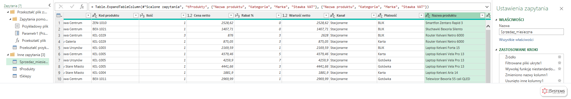 Tabela sprzedaży po scaleniu z katalogiem: nowe kolumny Nazwa produktu, Kategoria, Marka i Stawka VAT w Power Query