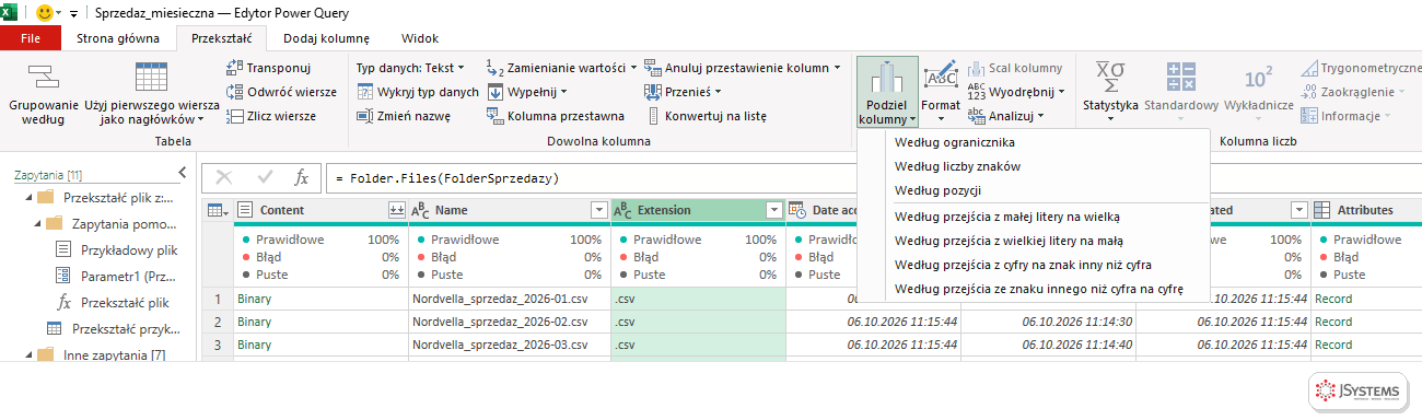 Menu Podziel kolumny w Power Query: według ogranicznika, liczby znaków, pozycji i przejść między wielkimi i małymi literami oraz cyframi