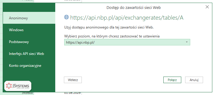 Okno Dostęp do zawartości sieci Web w Power Query: dostęp anonimowy, Windows, podstawowy, interfejs API sieci Web i konto organizacyjne