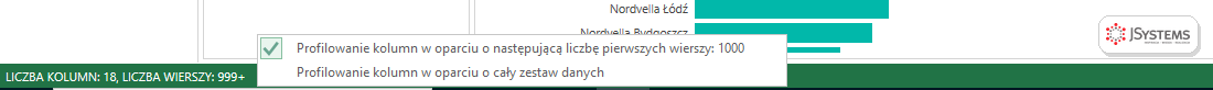 Pasek stanu edytora Power Query z wyborem zakresu profilowania kolumn: pierwsze 1000 wierszy albo cały zestaw danych
