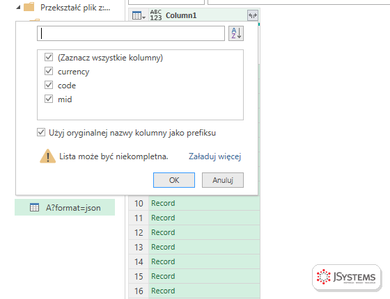 Rozwijanie kolumny z rekordami w Power Query: pola currency, code i mid oraz informacja Lista może być niekompletna