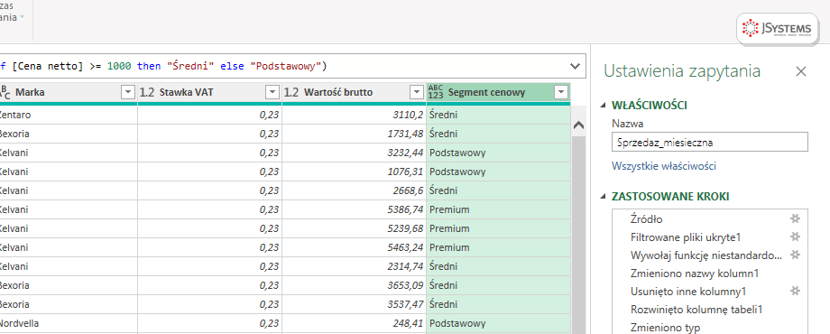 Kolumna Segment cenowy z wartościami Premium, Średni i Podstawowy w Power Query