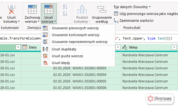 Menu Usuń wiersze z zaznaczoną opcją Usuń duplikaty w edytorze Power Query