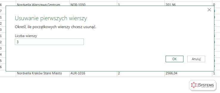 Okno Usuwanie pierwszych wierszy w Power Query z wpisaną liczbą 3