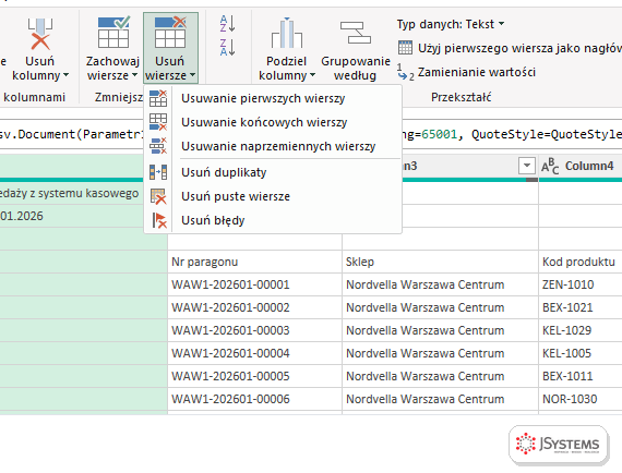Menu Usuń wiersze w edytorze Power Query z opcjami usuwania pierwszych, końcowych i naprzemiennych wierszy, duplikatów, pustych wierszy i błędów