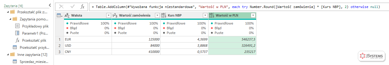 Tabela zamówień w walutach z kolumnami Kurs NBP i Wartość w PLN wyliczonymi funkcją niestandardową w Power Query
