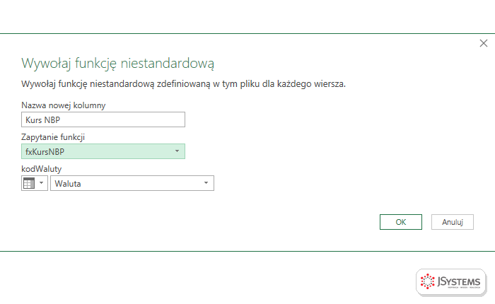 Okno Wywołaj funkcję niestandardową w Power Query: nowa kolumna Kurs NBP, funkcja fxKursNBP, parametr kodWaluty z kolumny Waluta