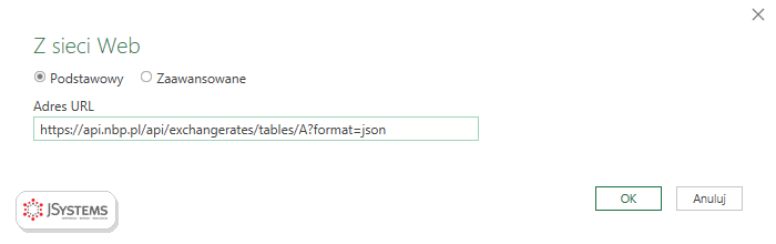 Okno Z sieci Web w Power Query z adresem URL API kursów walut NBP w formacie JSON