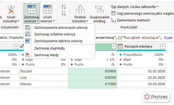 Menu Zachowaj wiersze w Power Query: zachowywanie pierwszych wierszy, ostatnich, zakresu, duplikatów i błędów