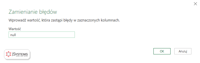 Okno Zamienianie błędów w Power Query z wartością null w polu Wartość