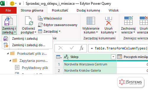 Menu Zamknij i załaduj w edytorze Power Query z opcjami Zamknij i załaduj oraz Zamknij i załaduj do