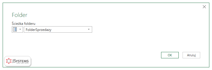 Okno ustawień kroku Folder w Power Query ze ścieżką folderu ustawioną na parametr FolderSprzedazy