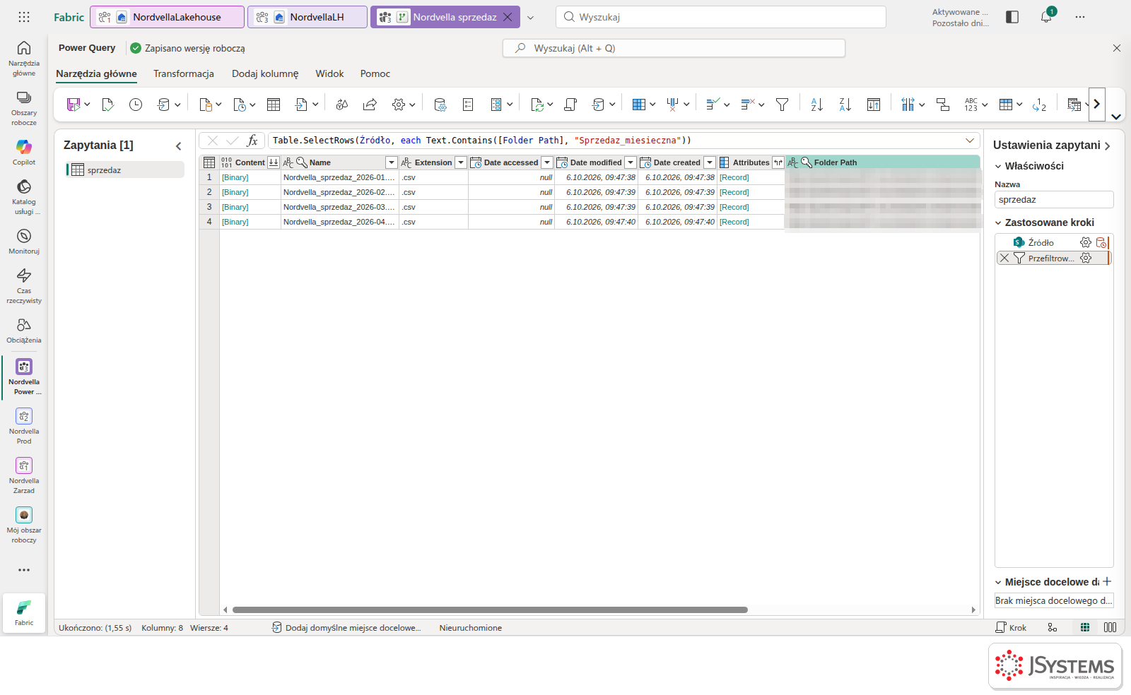 Cztery pliki CSV ze sprzedażą po filtrze ścieżki folderu w Dataflow Gen2 z formułą Table.SelectRows i Text.Contains