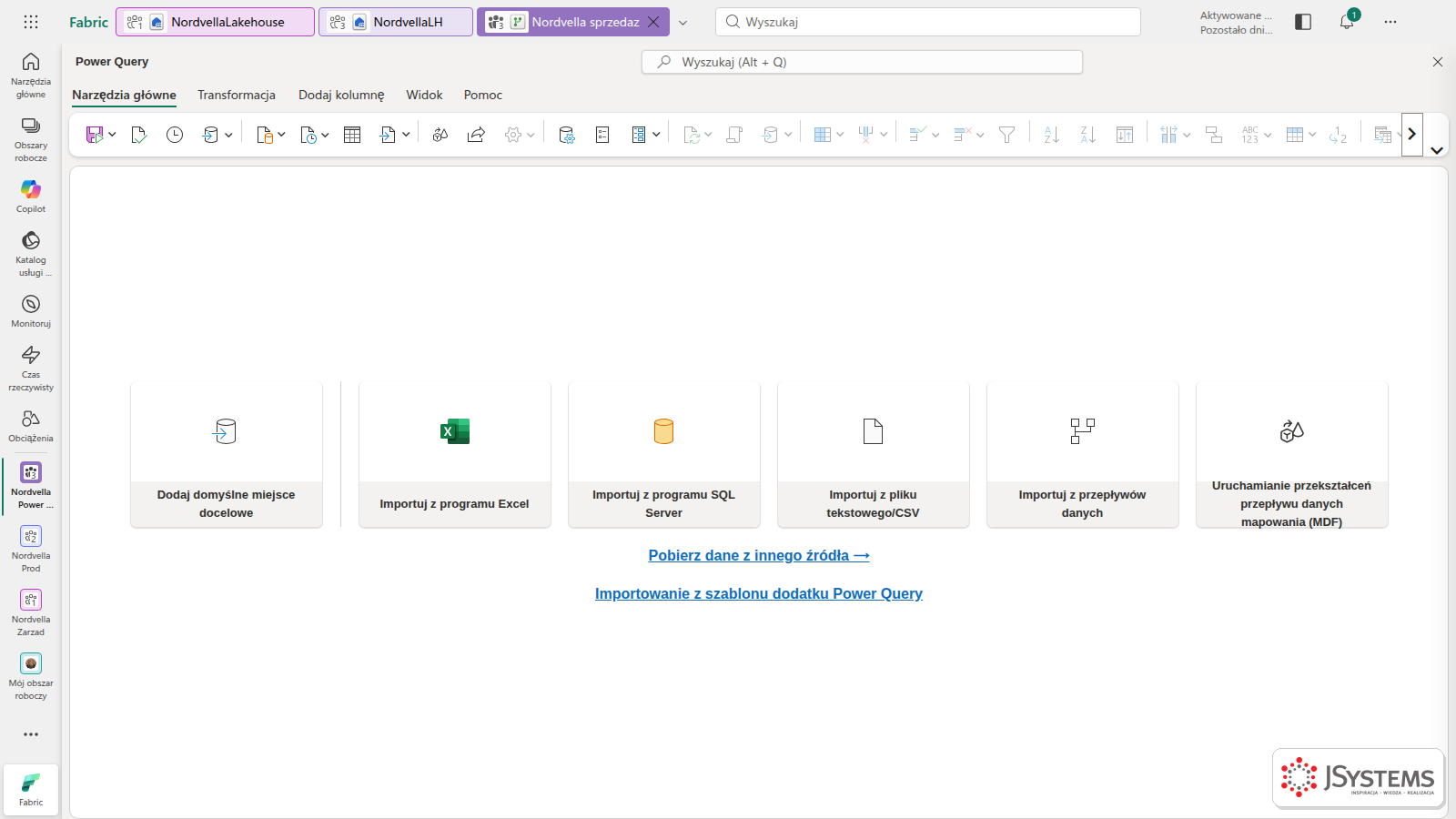 Pusty edytor Power Query w Dataflow Gen2 w Microsoft Fabric z kafelkami do pobierania danych