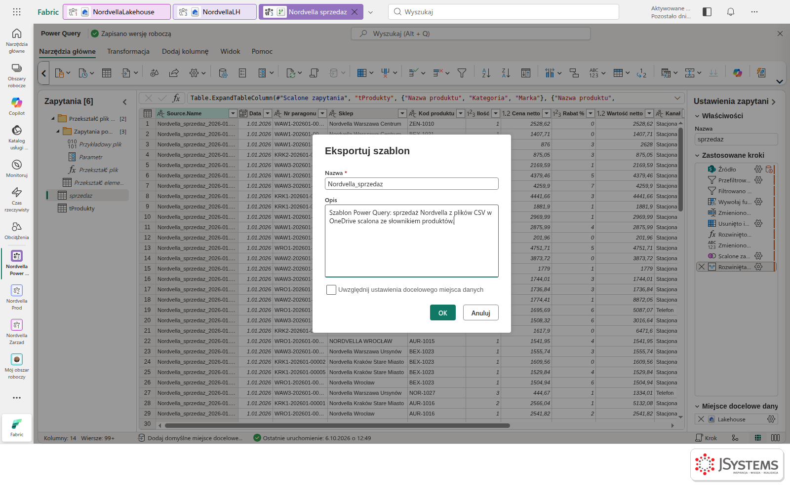 Okno Eksportuj szablon w Dataflow Gen2 z nazwą i opisem szablonu Power Query oraz opcją uwzględnienia ustawień miejsca docelowego