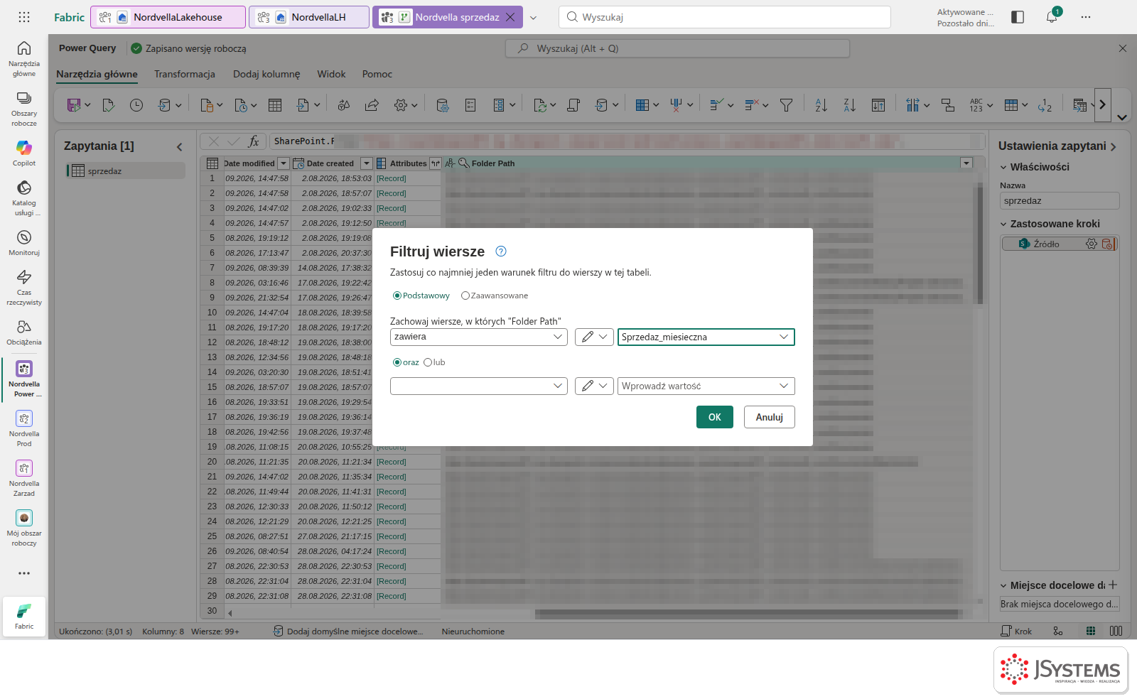 Okno Filtruj wiersze w Dataflow Gen2: zachowaj wiersze, w których Folder Path zawiera Sprzedaz_miesieczna